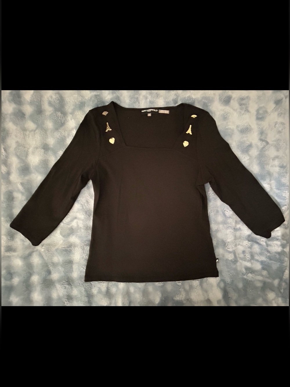 Karl Lagerfeld Black Square-Neck Long Sleeve Top with Gold Accents